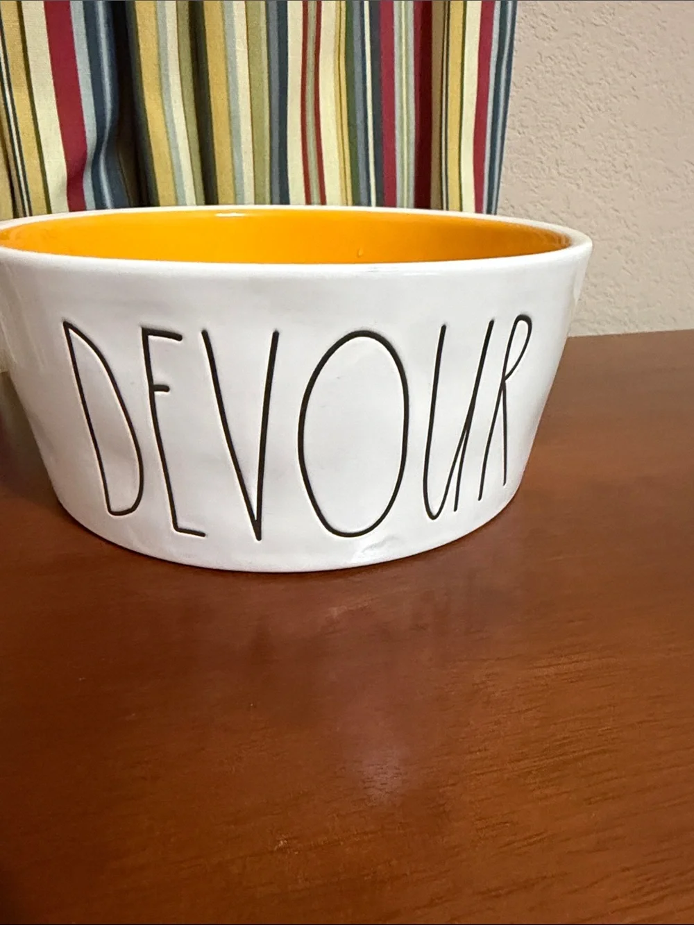 Rae Dunn White Dog Bowl with Orange Interior - 'DEVOUR'